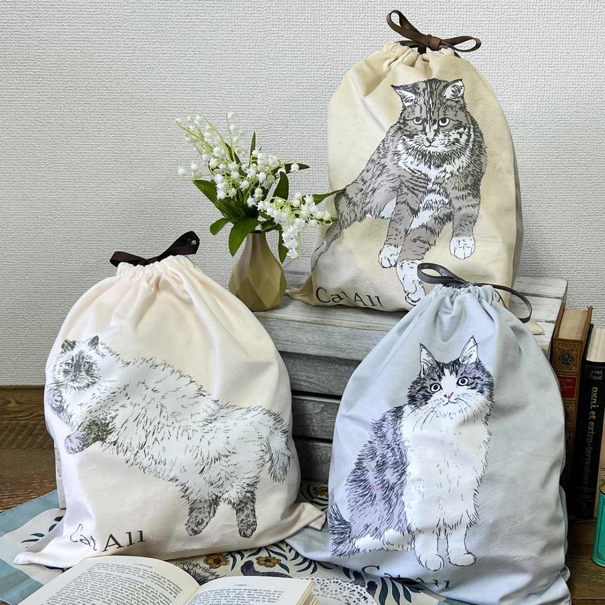 ポーチ キャットオール フェイス 巾着 Lサイズ （ 巾着袋 巾着ポーチ 猫 ねこ 動物 マルチポーチ 小物入れ 持ち歩き A4サイズ ）