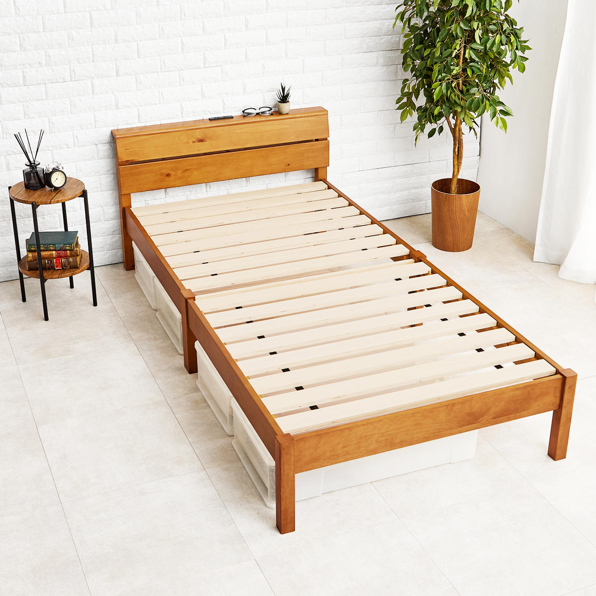 HAGiHARA（萩原） 3分組立ベッド シングル 2口コンセント付 背もたれ