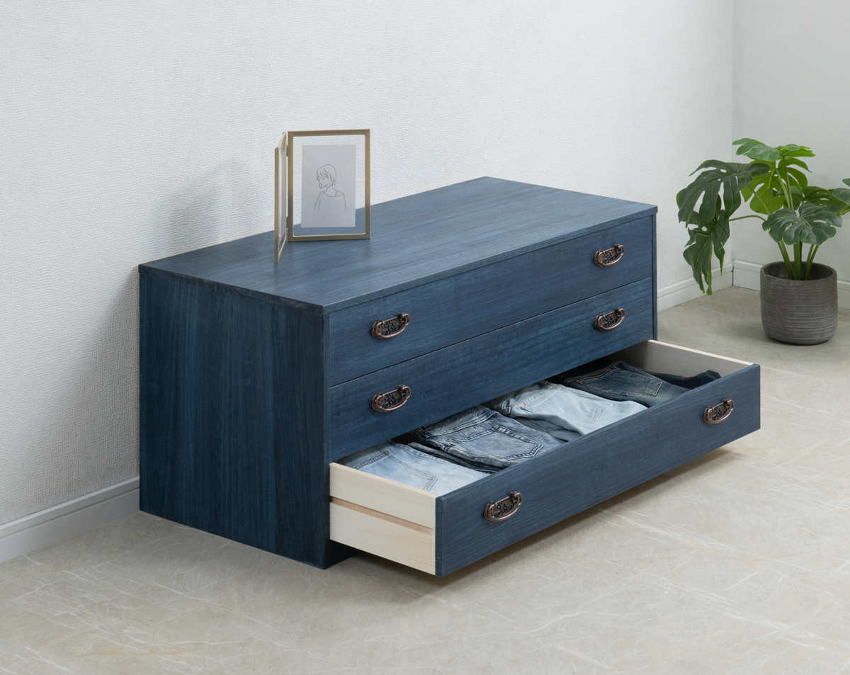 桐タンス 幅98.5cm 3段 藍染め デニム 日本製 （ 桐チェスト 桐箱 天然