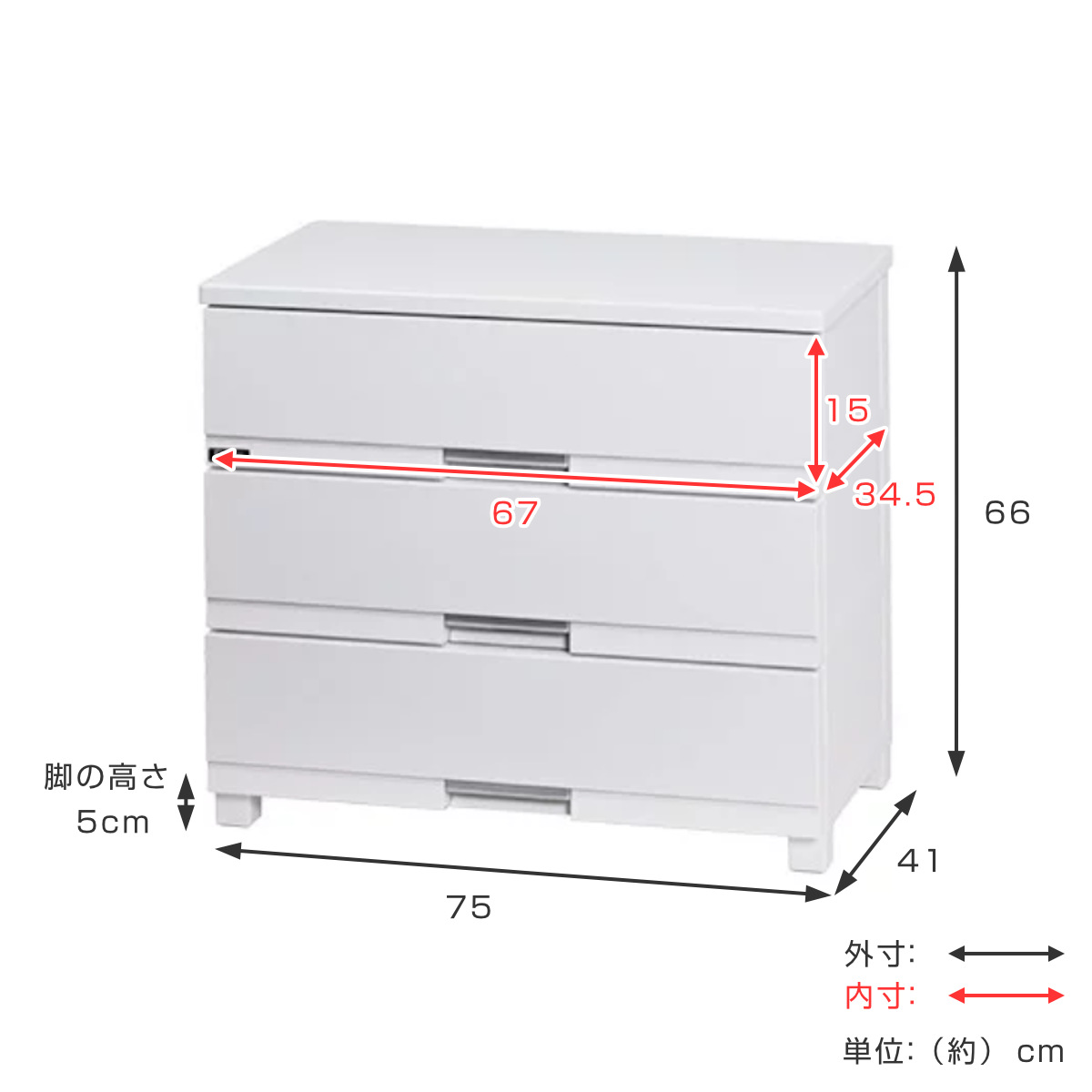 チェスト フィッツプラス プレミアム 3段 幅75×奥行41×高さ66cm FP7503 （ プラスチック 引き出し 日本製 完成品 タンス 収納 衣類収納 Fits フィッツ ）の画像
