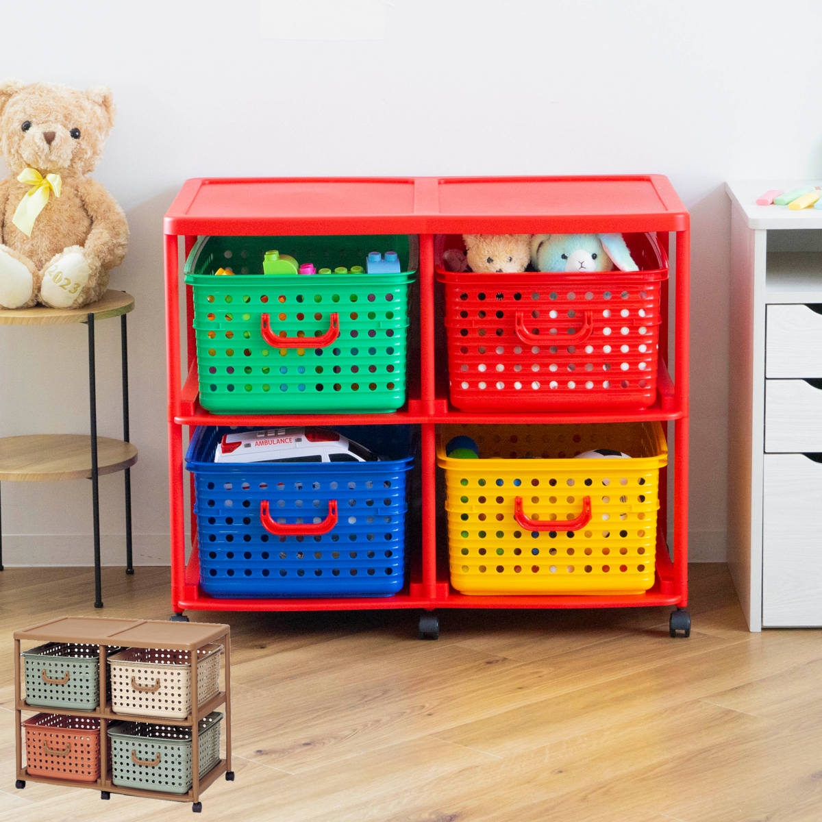 おもちゃ箱 幅87cm バスケットラック 2段 キャスター付き バスケット 4