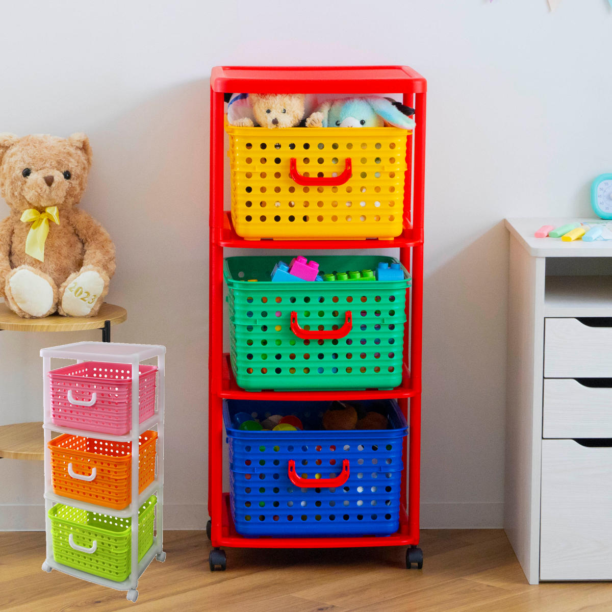 おもちゃ箱 幅44cm バスケットラック 3段 キャスター付き バスケット