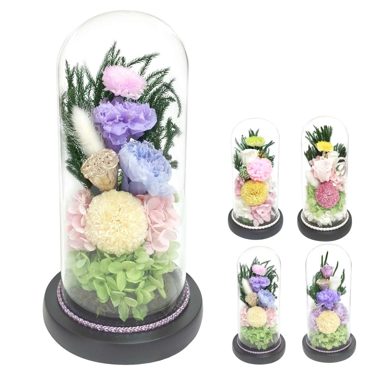 供え花 仏花 お供え ガラスドームアレンジメント （ 造花 ブリザードフラワー 枯れない 仏壇 ドーム 花 フェイクフラワー ）