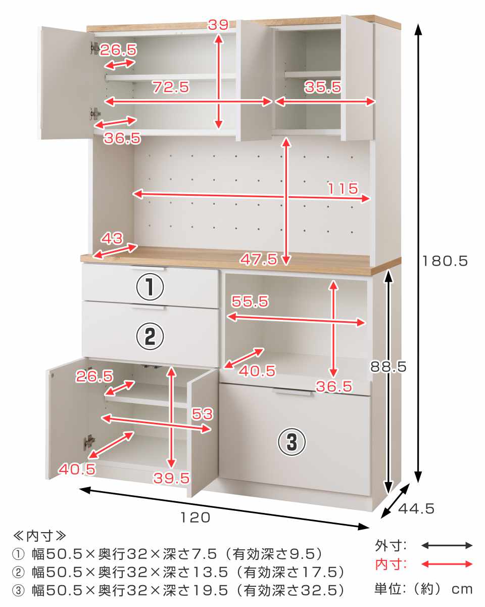 キッチンボード 幅120cm コンセント付 フルスライドレール 日本製