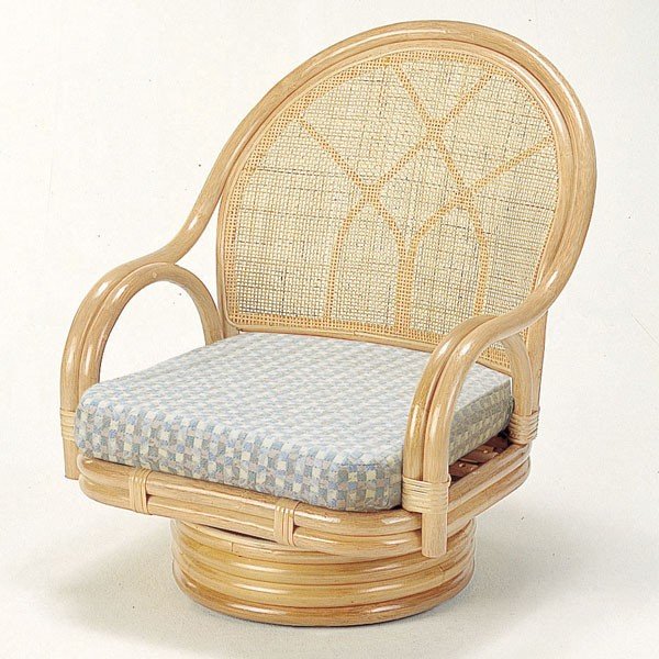 回転座椅子　ラタン　ローチェア　クッション付　籐家具　座面高25cm