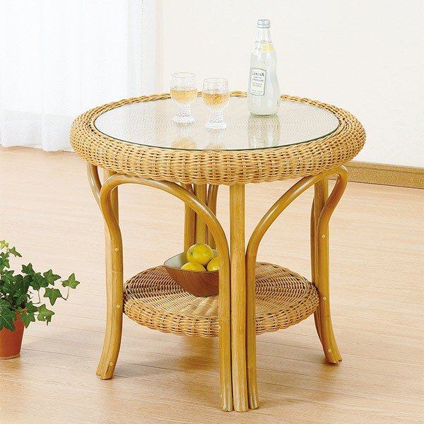 今枝商店 ラタンテーブル 円形 ガラス天板 棚付 籐家具 直径60cm