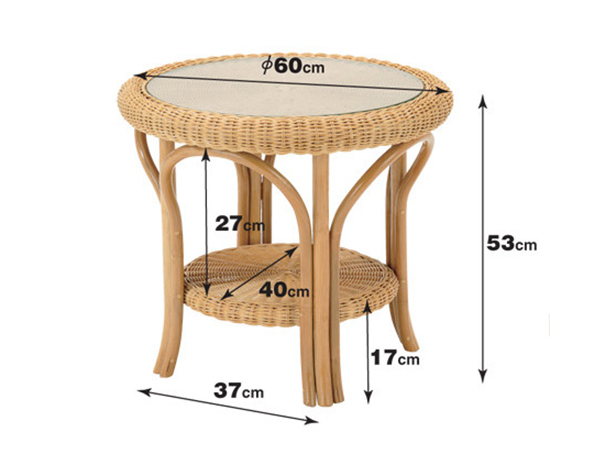 今枝商店 ラタンテーブル 円形 ガラス天板 棚付 籐家具 直径60cm