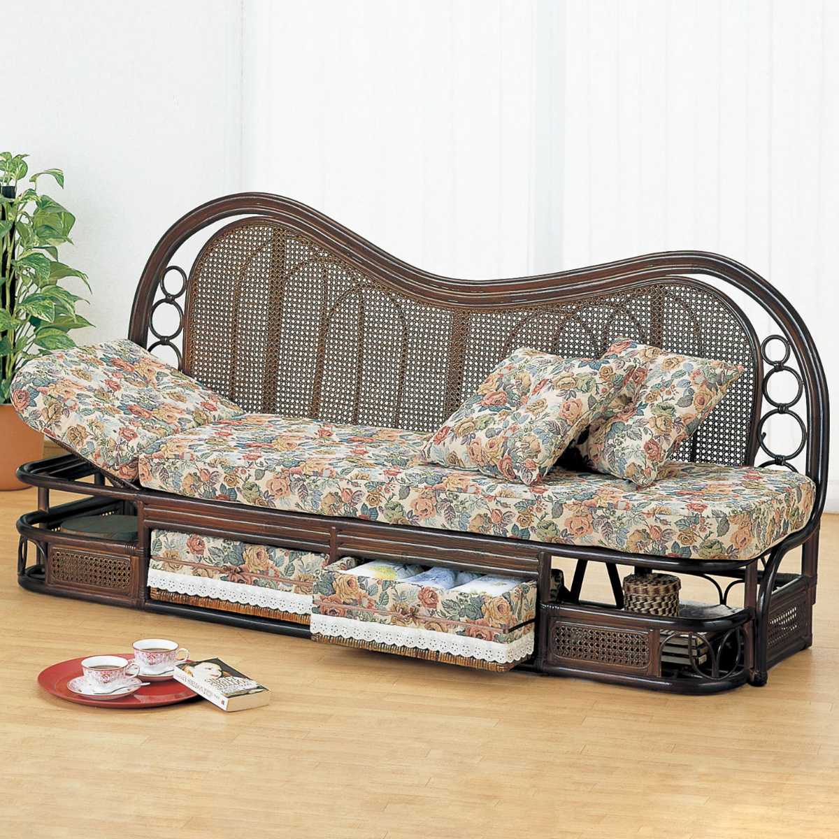 籐 カウチソファ リクライニング 引出し付 幅185cm （ 家具 ソファー 籐家具 ラタンチェア チェア ）