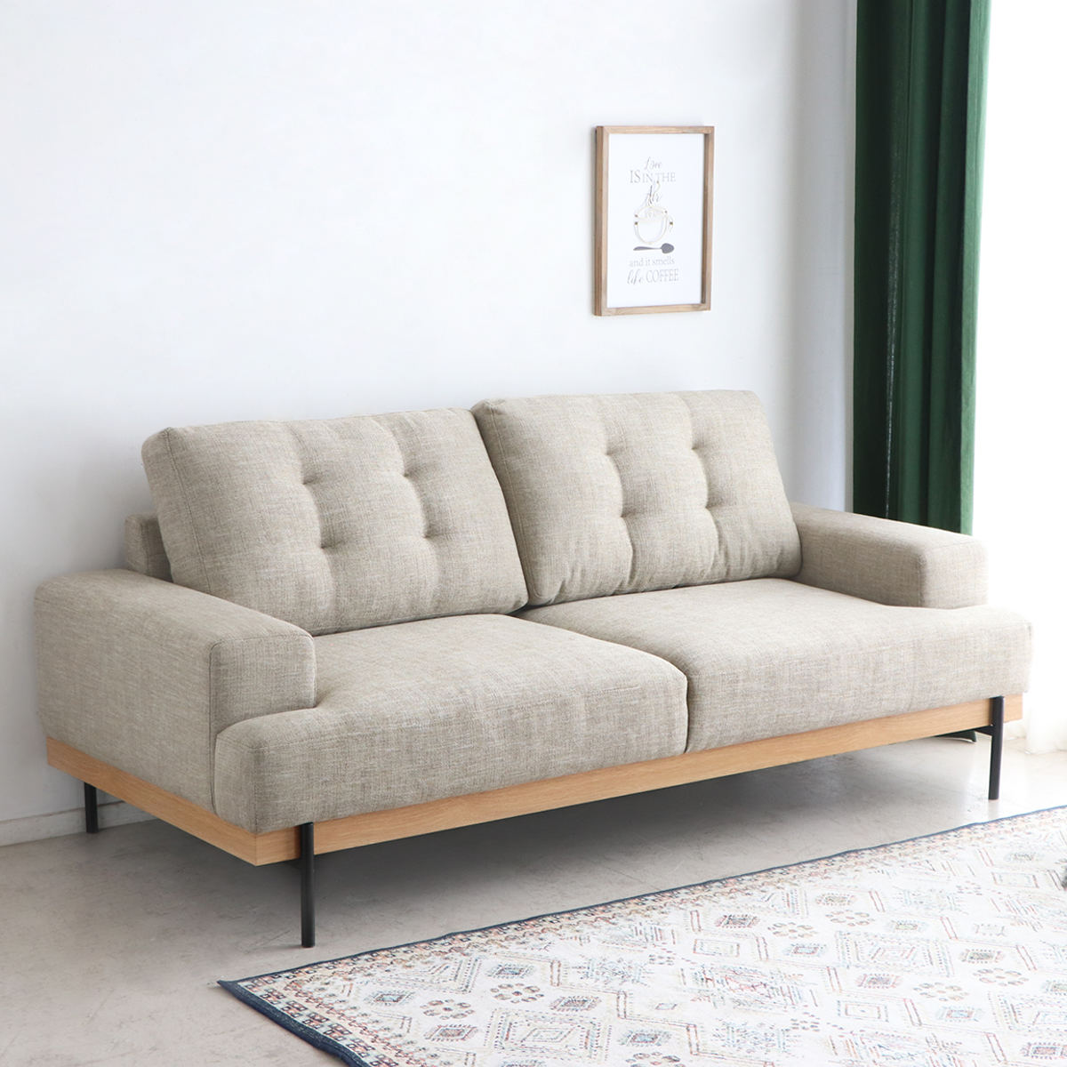 ソファ 幅182cm 2.5人掛け 北欧風 ハウタ （ リビングソファ sofa 木製 天然木 座面広い サポートクッション付き 肘掛け 完成品 スチール脚 ）