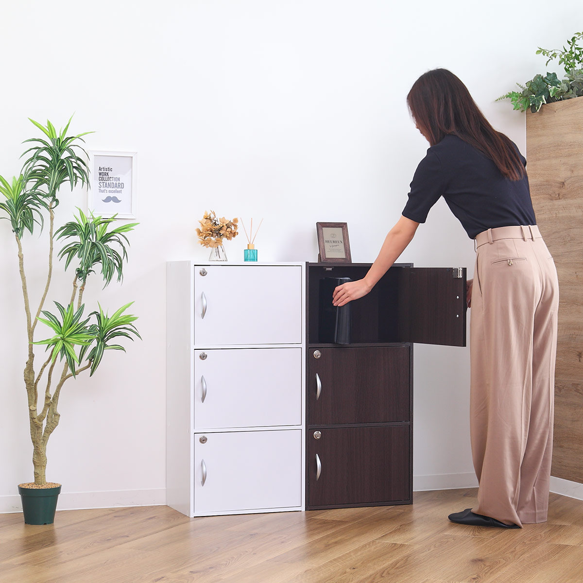 クロシオ カラーボックス 3段 全段鍵付 幅42cm （ 収納 家具 鍵付き 棚