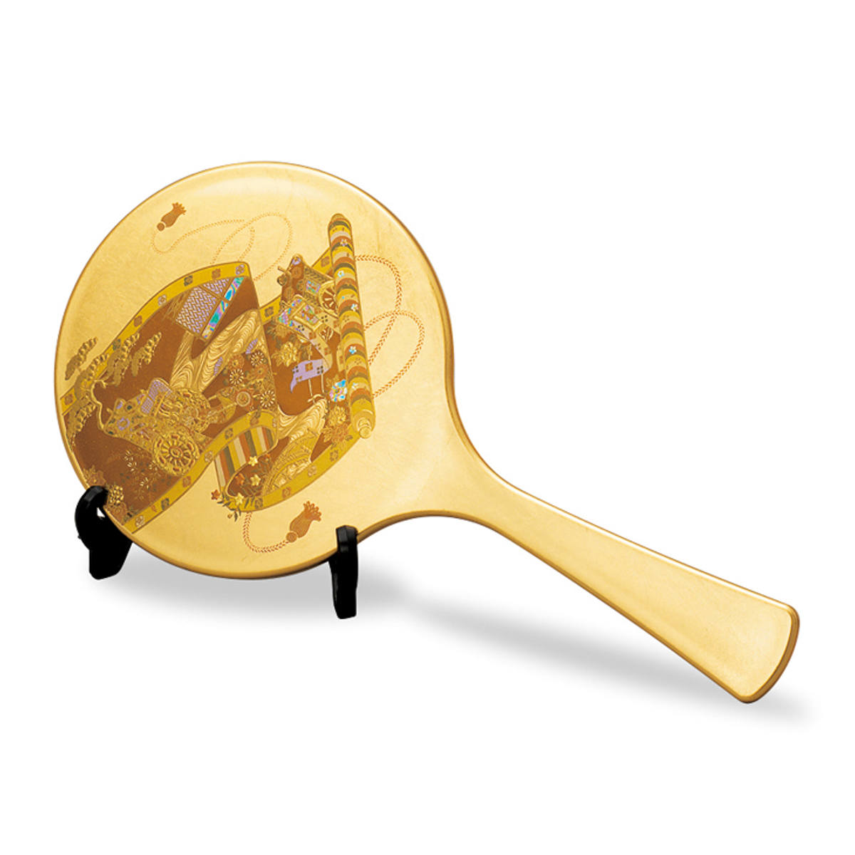 手鏡 雅手鏡 中 スタンド付 箔工 千年絵巻 山中塗 和風 （ 和柄 ミラー