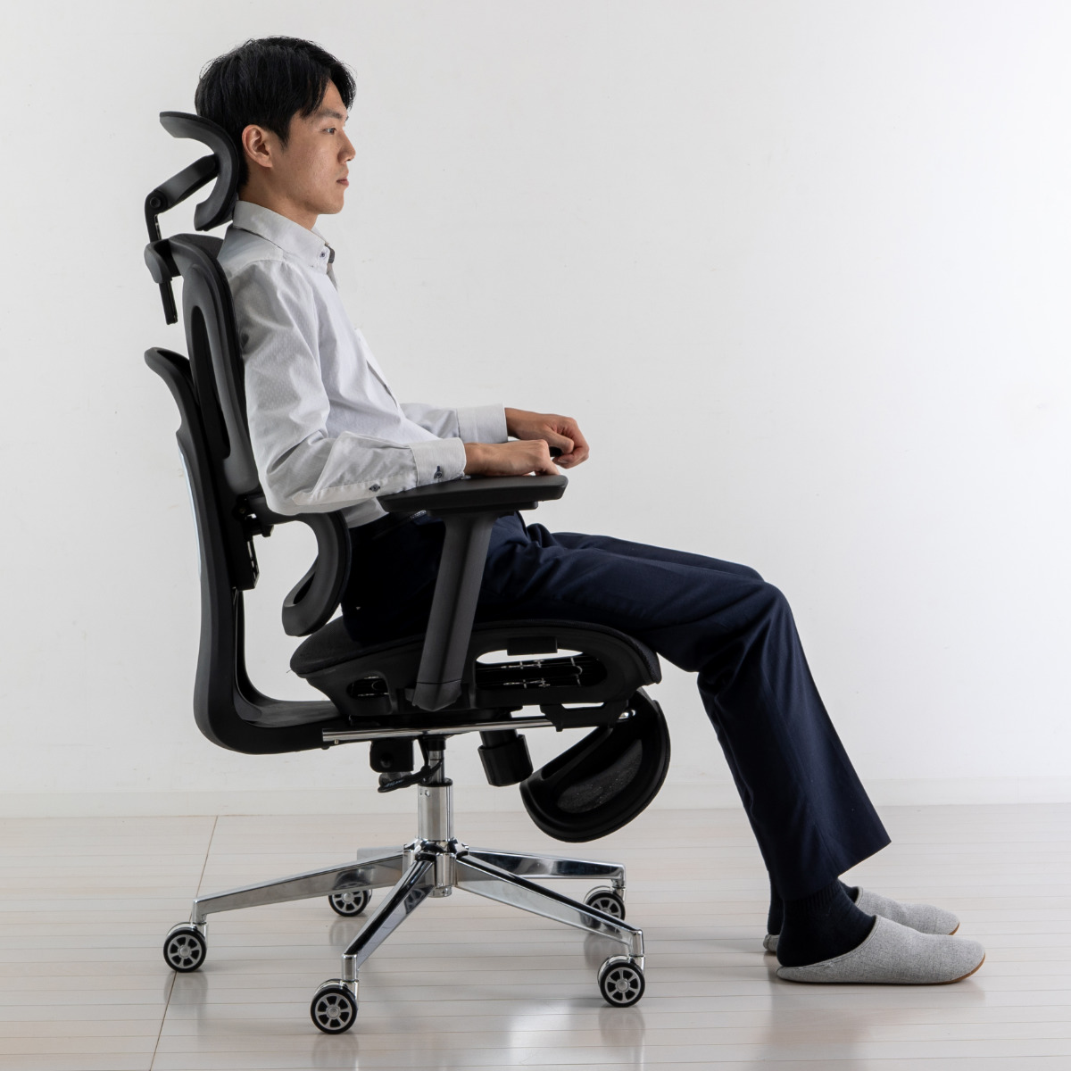 オフィスチェア 座面高47〜54cm フットレスト付き メッシュ ハイバックチェア （ デスクチェア リクライニング 無段階 フットレスト 高さ調整 3Dアームレスト ）_8