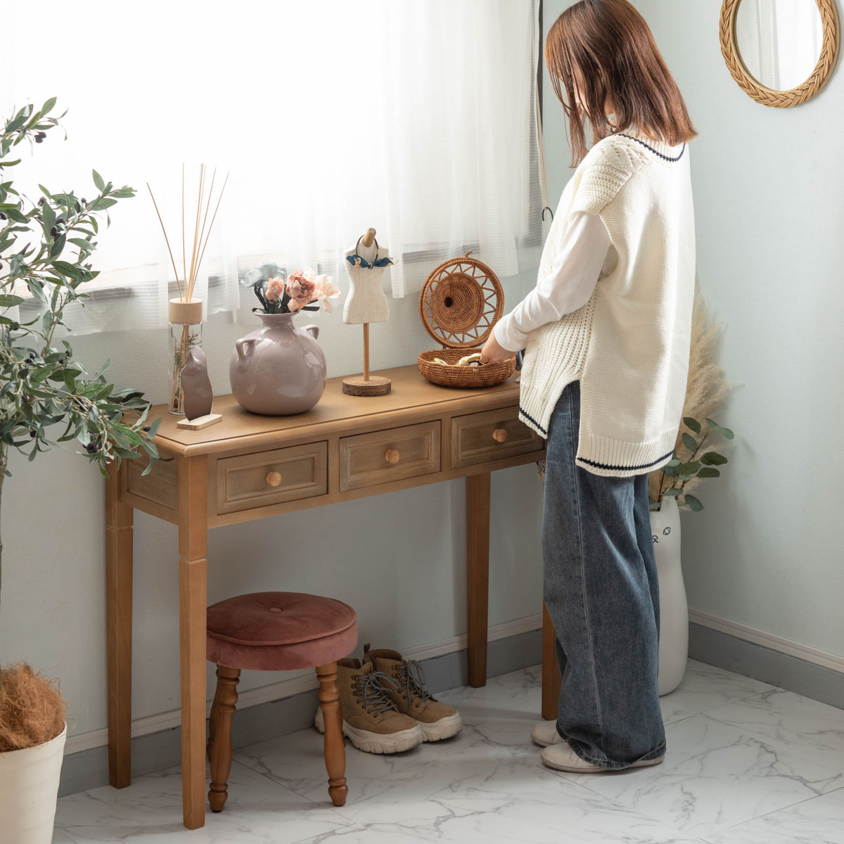 【新品・未使用】　シャビー　アンティーク調　コンソールデスク　幅　100cm デスク 幅100cm ホワイト 白 引出し シャビーテイスト アンティーク調