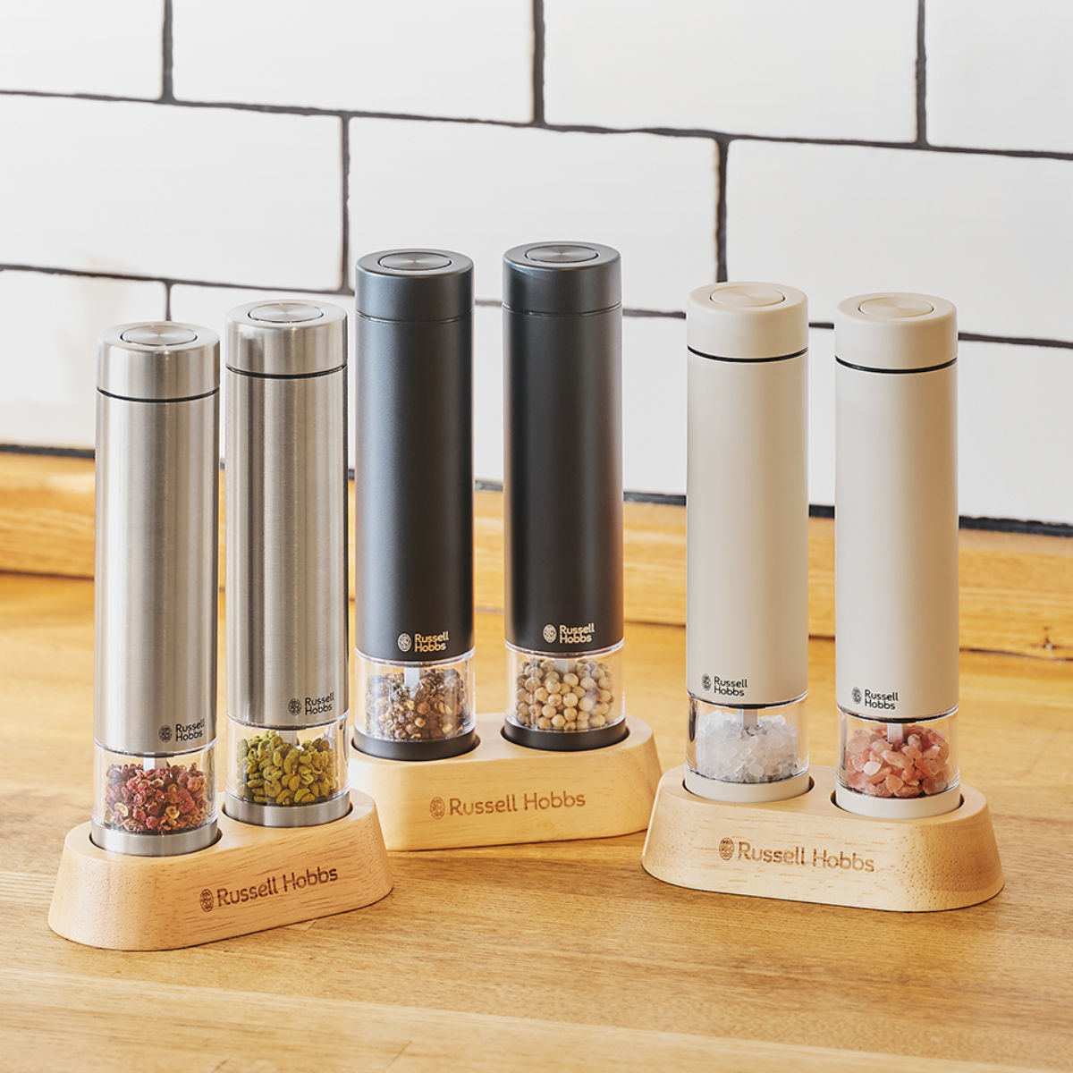 Russell Hobbs 電動ペッパーミル 2本セット スタンド付き RUSSELL HOBBS（ラッセルホブス） 電動ミル ミニ 2本セット 木製