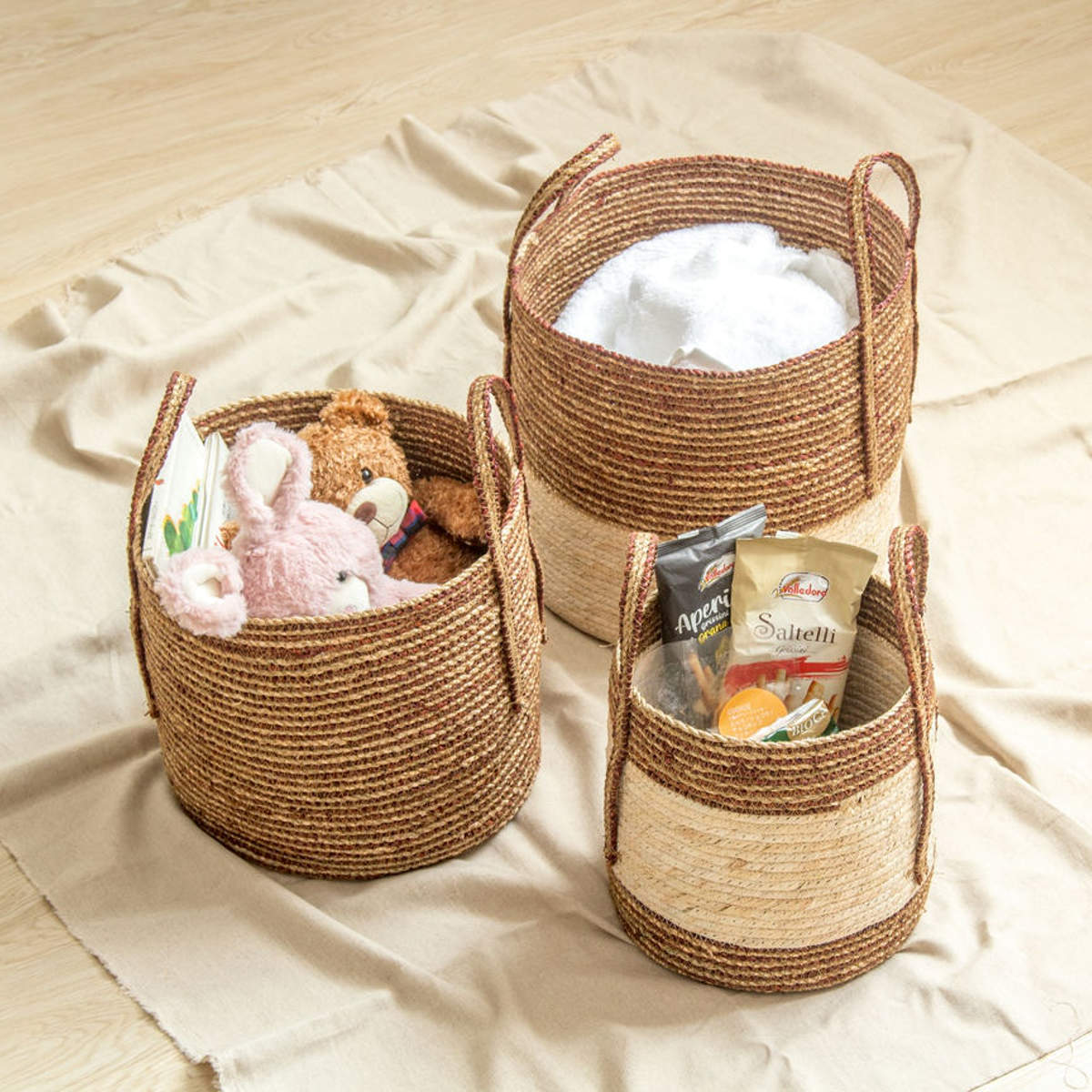 岩附 天然素材 バスケット 持ち手つき ラウンド S M L 3個組