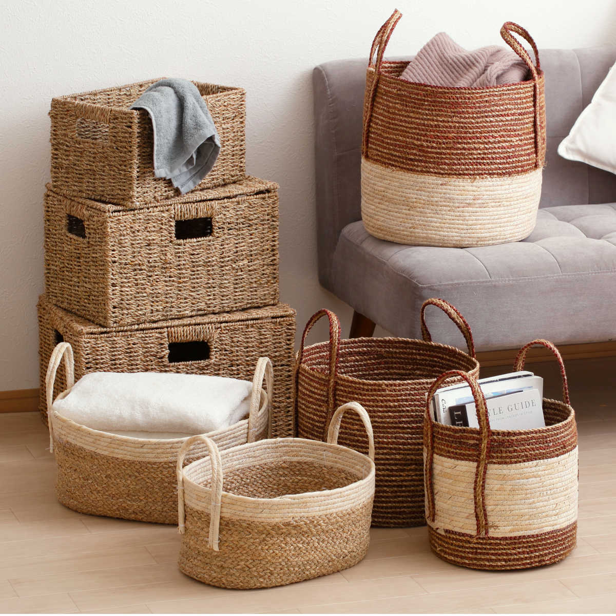 岩附 天然素材 バスケット 持ち手つき ラウンド S M L 3個組