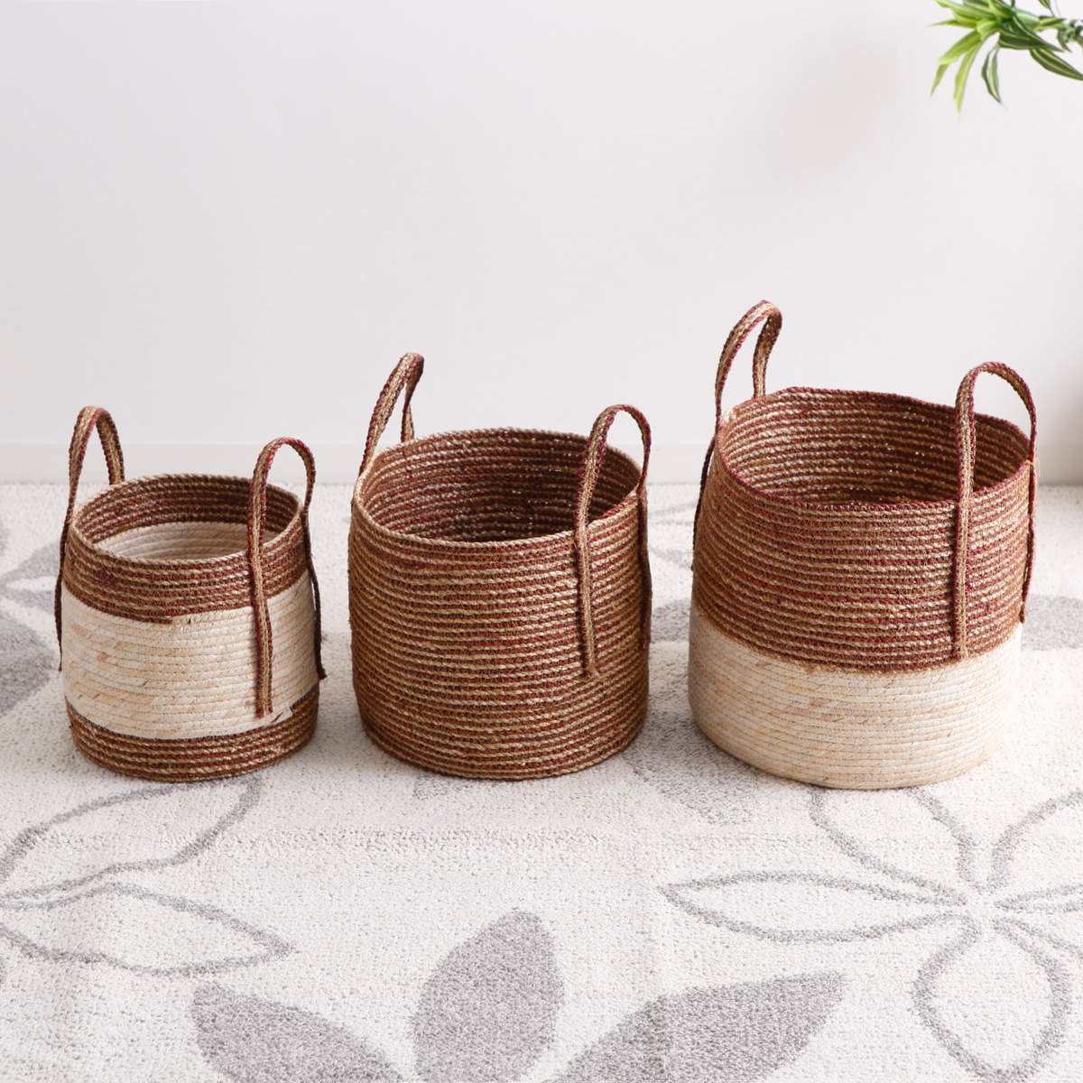 岩附 天然素材 バスケット 持ち手つき ラウンド S M L 3個組