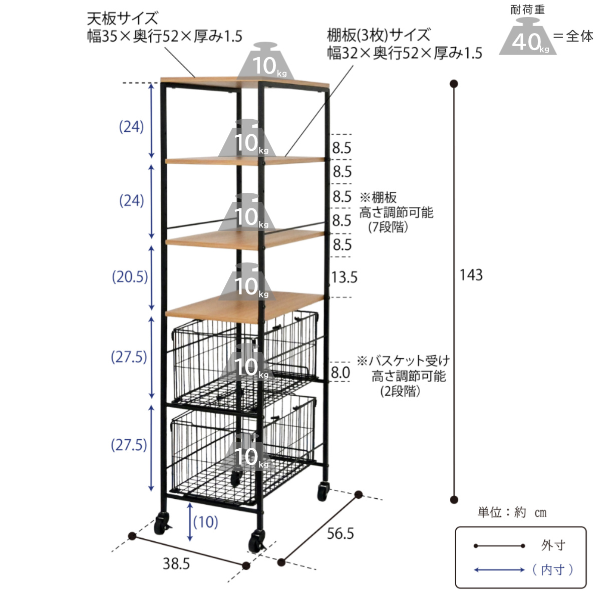 フクダクラフト キッチンラック 幅38.5cm キッチン収納 大容量 隙間