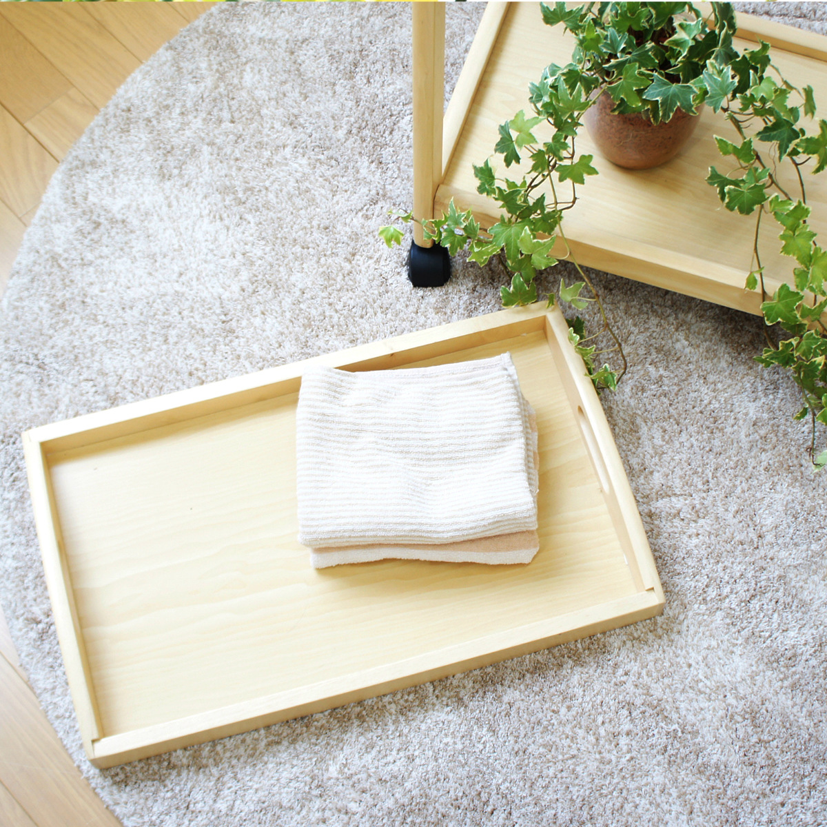 フクダクラフト キッチンワゴン 幅59cm 天然木 トレー付き キャスター
