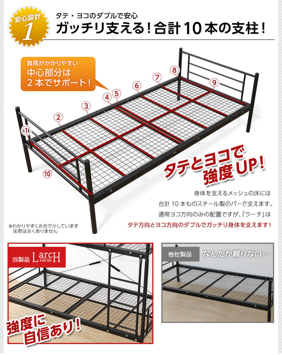 パイプ二段ベッド シングル 分割可能 メッシュ床 （ 2段ベッド 2段 分割OK ハシゴ ）の画像
