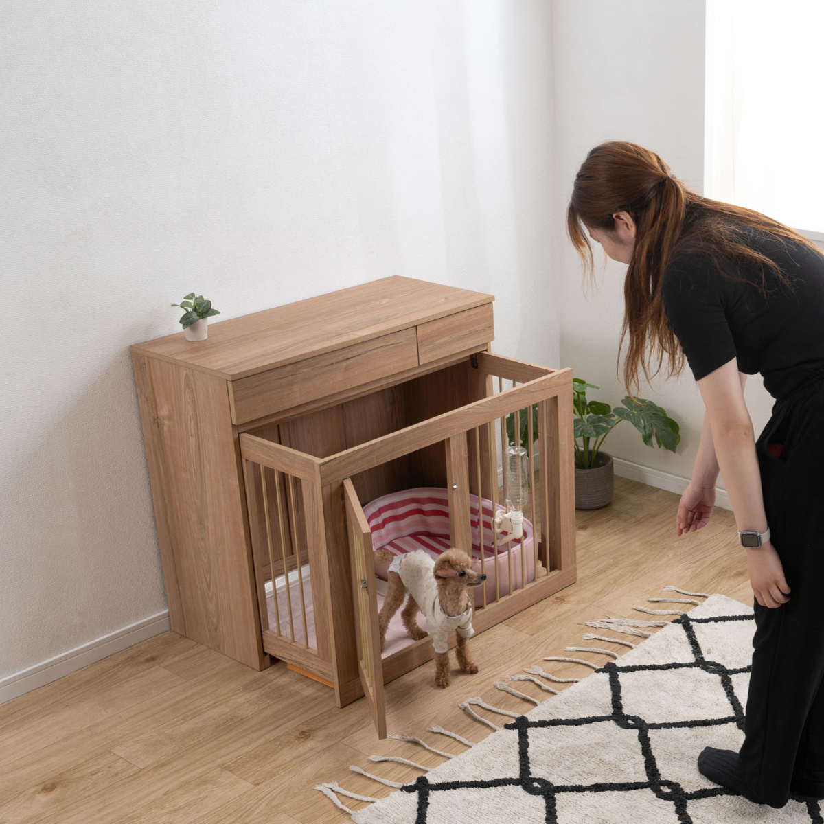 ペットケージ 幅90cm スライド格納式 室内用 木目調 犬用 サークル