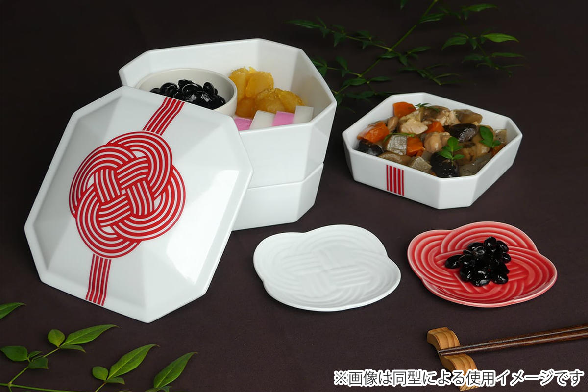 山加商店 3段重箱 隅切 陶磁器 金結び （ 食洗機対応 電子レンジ対応