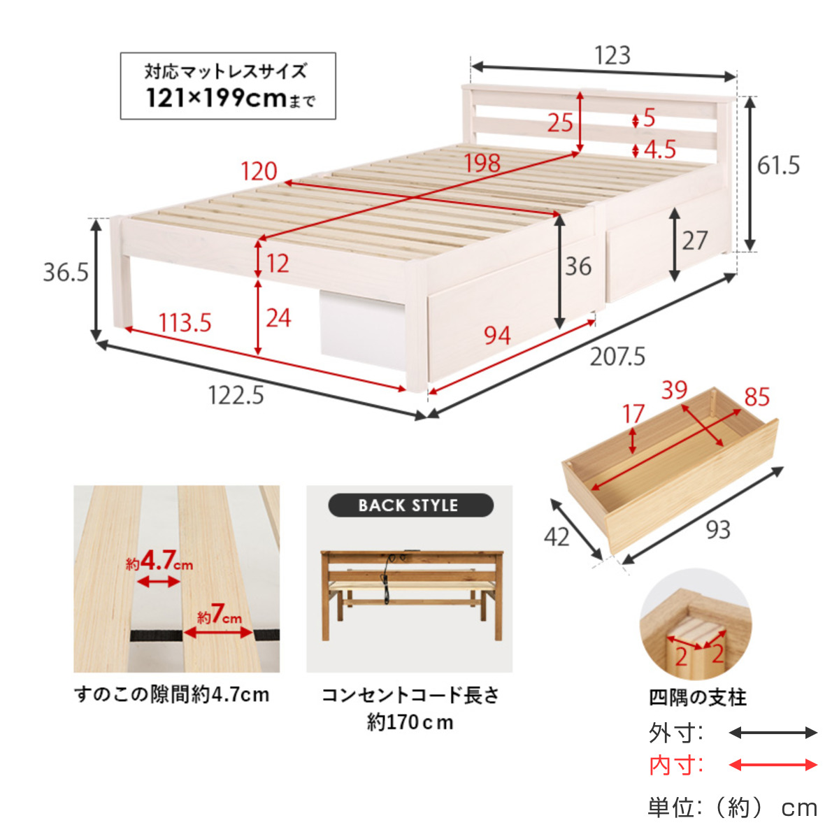3分組立ベッド セミダブル 引出し収納 宮棚 2口コンセント （ ベッド 3分組み立て 組み立て簡単 棚付き 収納付き 工具不要 ）