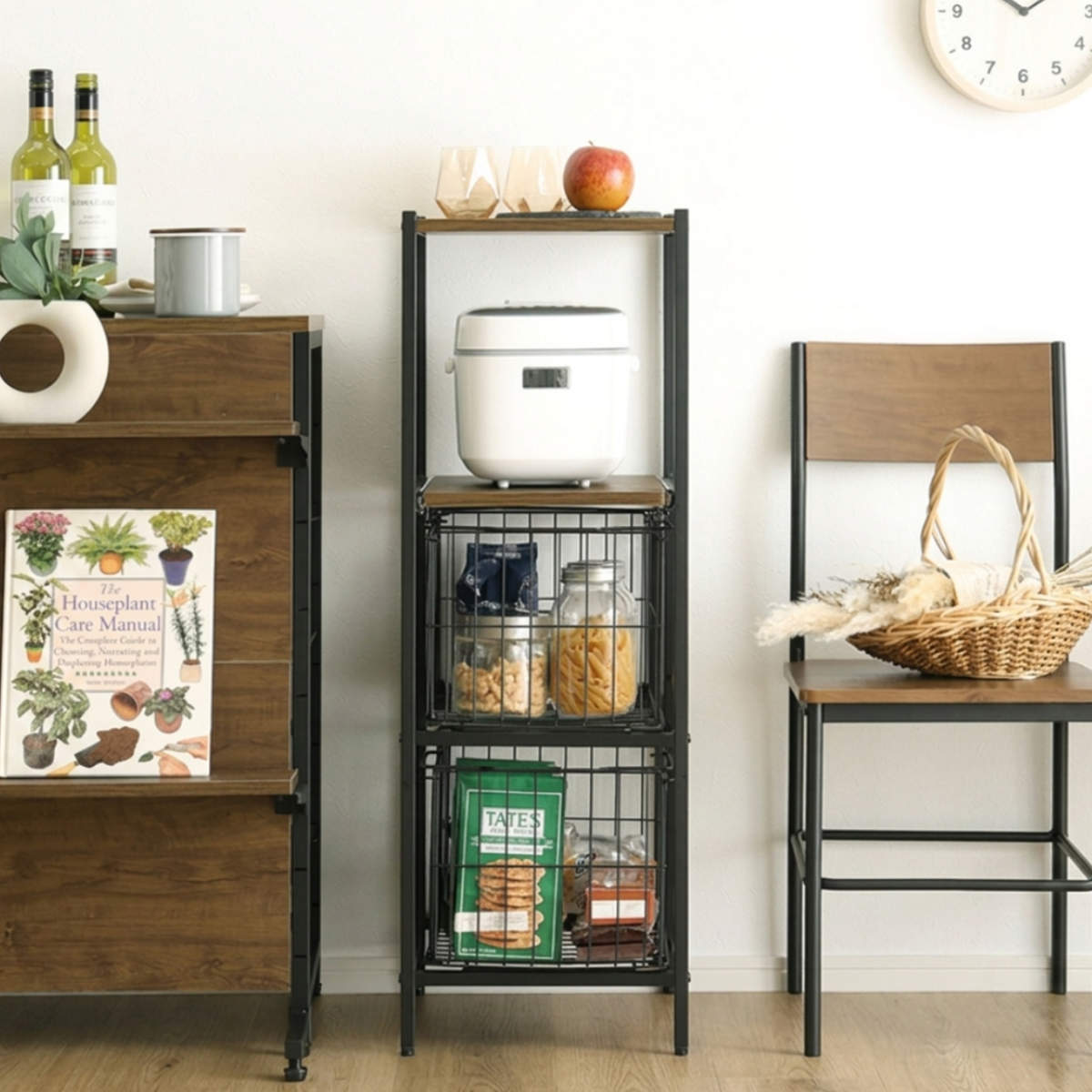 キッチンラック 木製・金属製 中型 ホームテイスト（HOME taste） カゴ付きキッチンラック 幅33cm 木目調