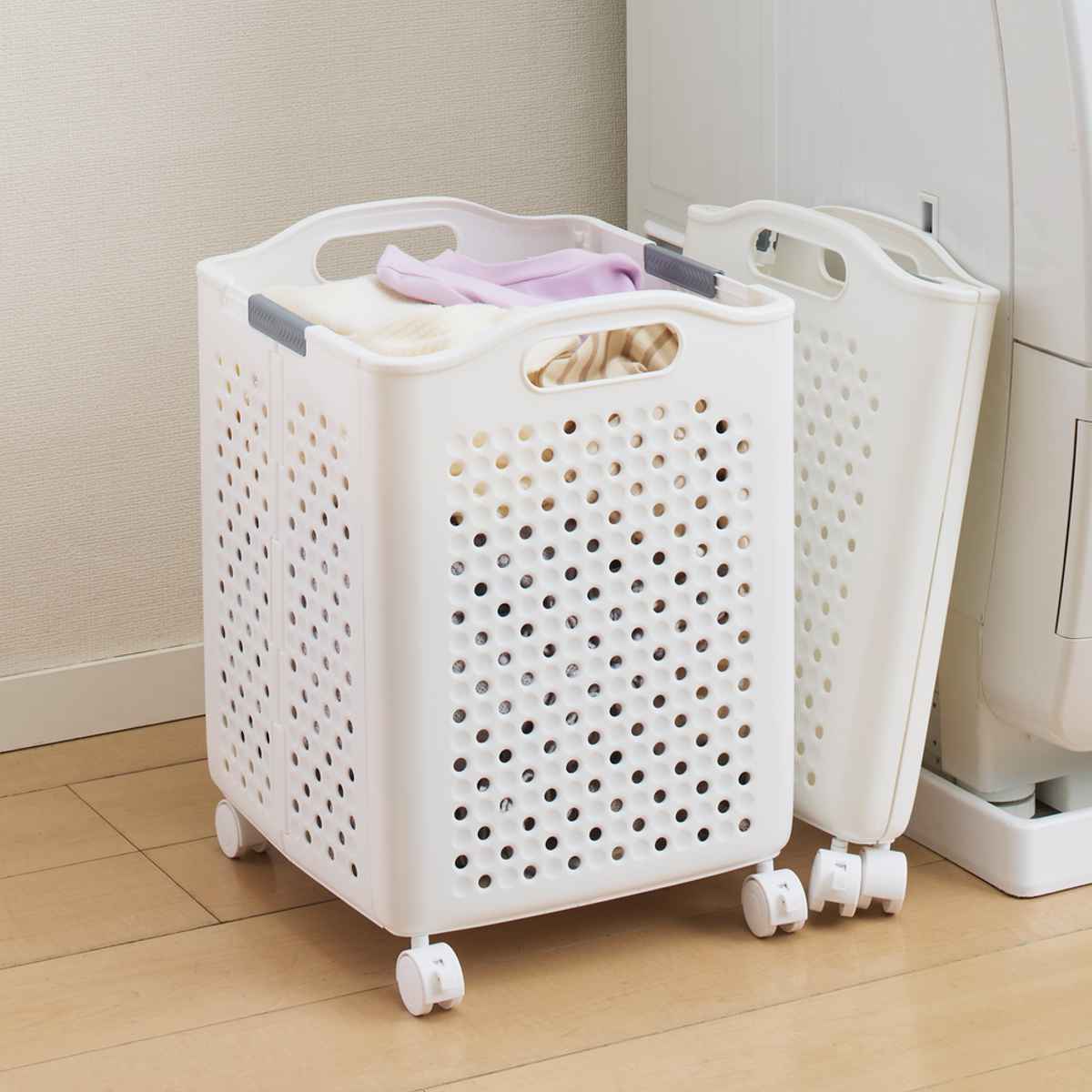 ランドリーバスケット 折りたたみ 46L ワイド ( 洗濯かご バスケット 脱衣かご カゴ 大容量 コンパクト 省スペース キャスター付 持ち手付 洗濯 ランドリー )