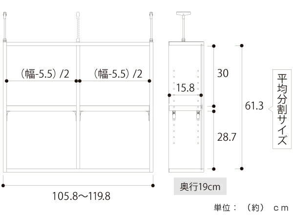 上置き棚 高さ65cm ワイドタイプ用 幅106-120cm 奥行き19cm 対応 （ 天井高さ250-259cm オーダー本棚 収納棚 Type65 ）の画像
