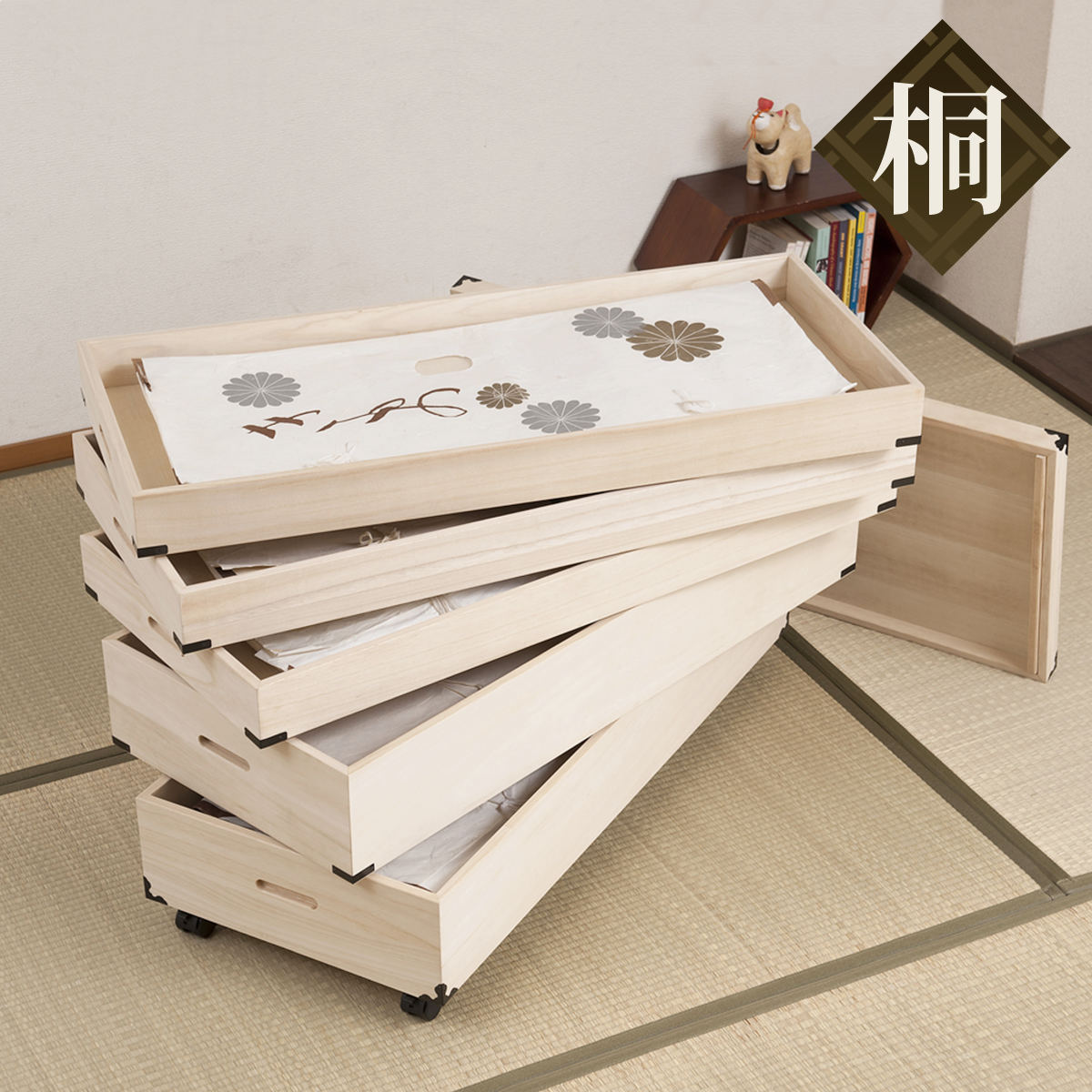 桐 衣装ケース 5段 衣裳箱 キャスター付 隅金具 高さ59cm （ 完成品 桐衣装箱 衣装箱 衣装ケース 天然木 木製 ）