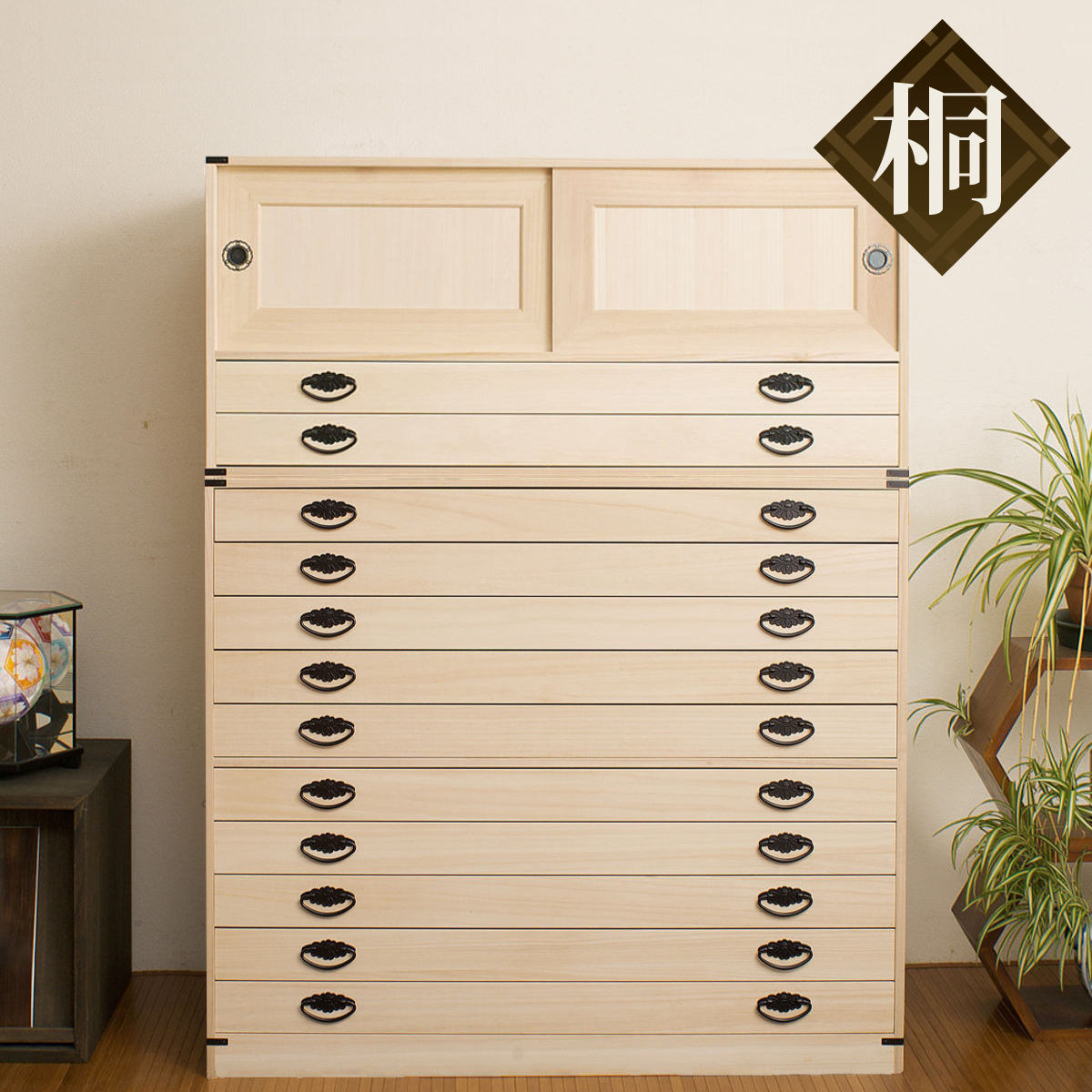 桐タンス 12段 引き戸タイプ 着物用 幅99 高さ129cm （ 桐たんす 桐 タンス たんす 箪笥 桐箪笥 日本製 着物収納 完成品 ）
