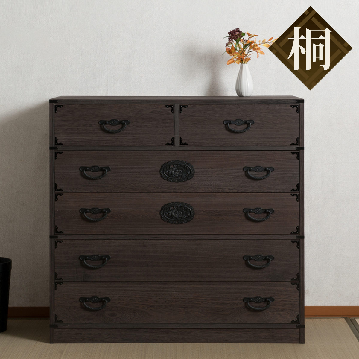 焼桐タンス 5段 民芸調 桐箪笥 日本製 幅100cm （ 桐タンス タンス
