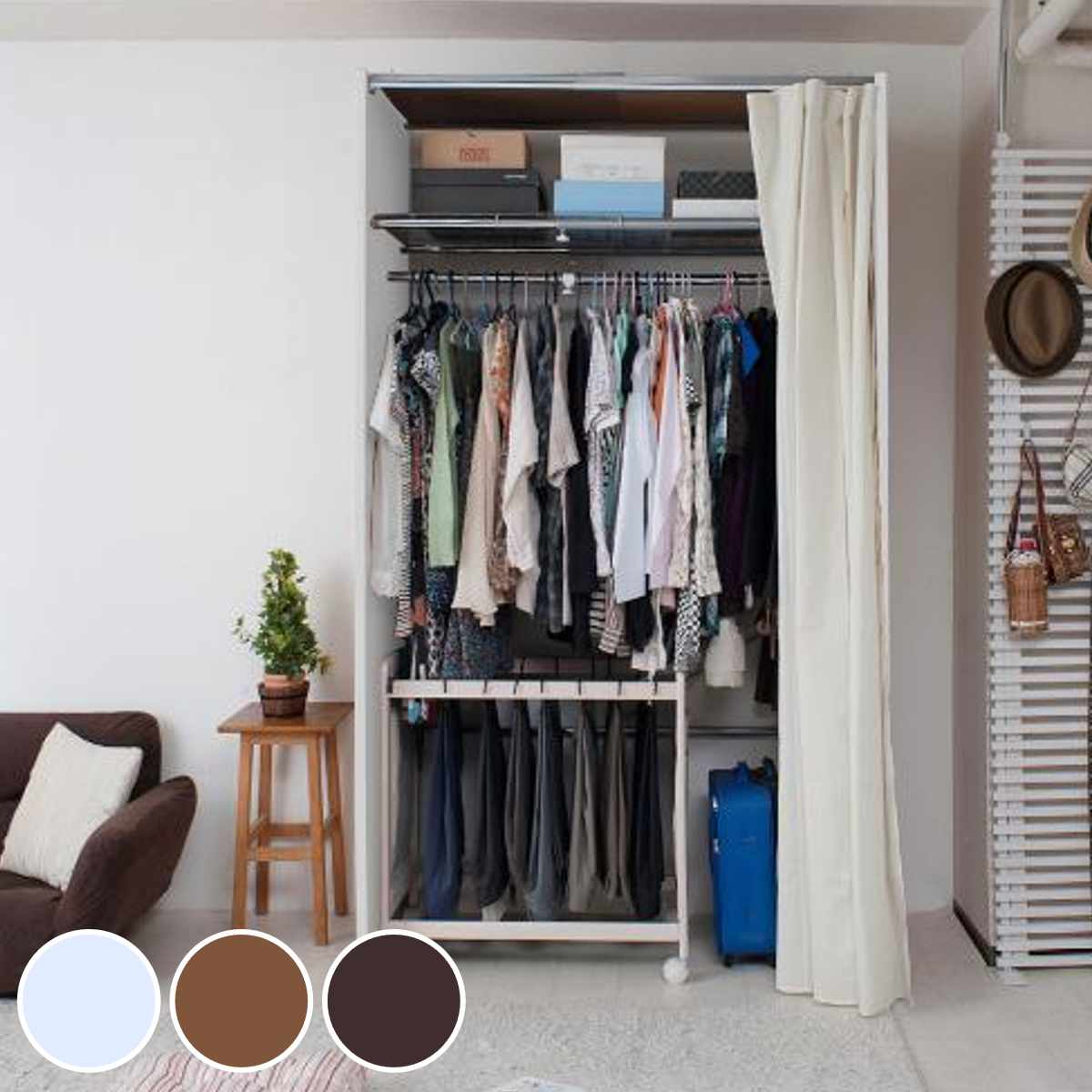 伸縮クローゼット 幅85-125cm ハンガーラック 上棚・カーテン付 日本製