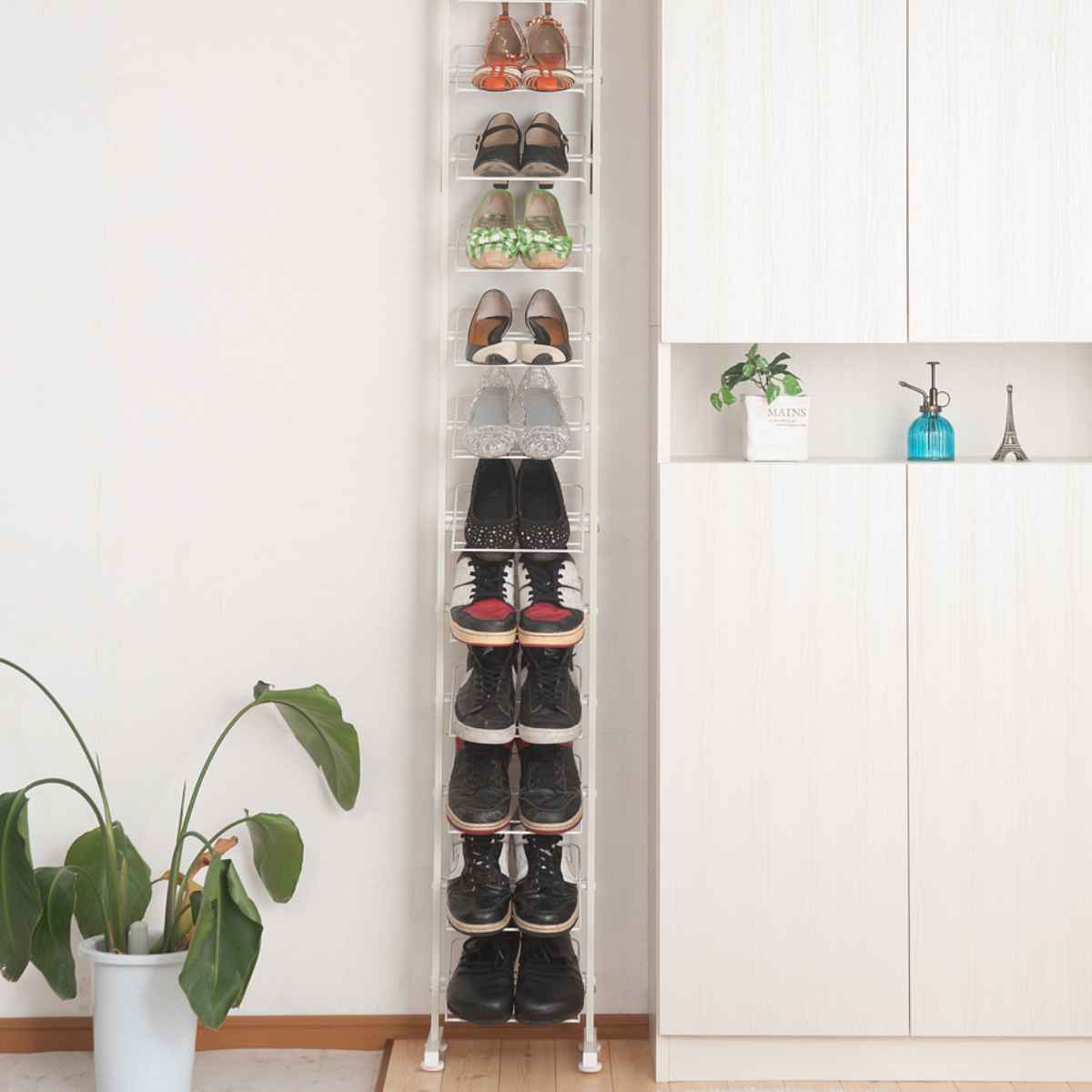 突っ張り シューズラック 幅29cm 薄型 ホワイト 日本製 見せる収納