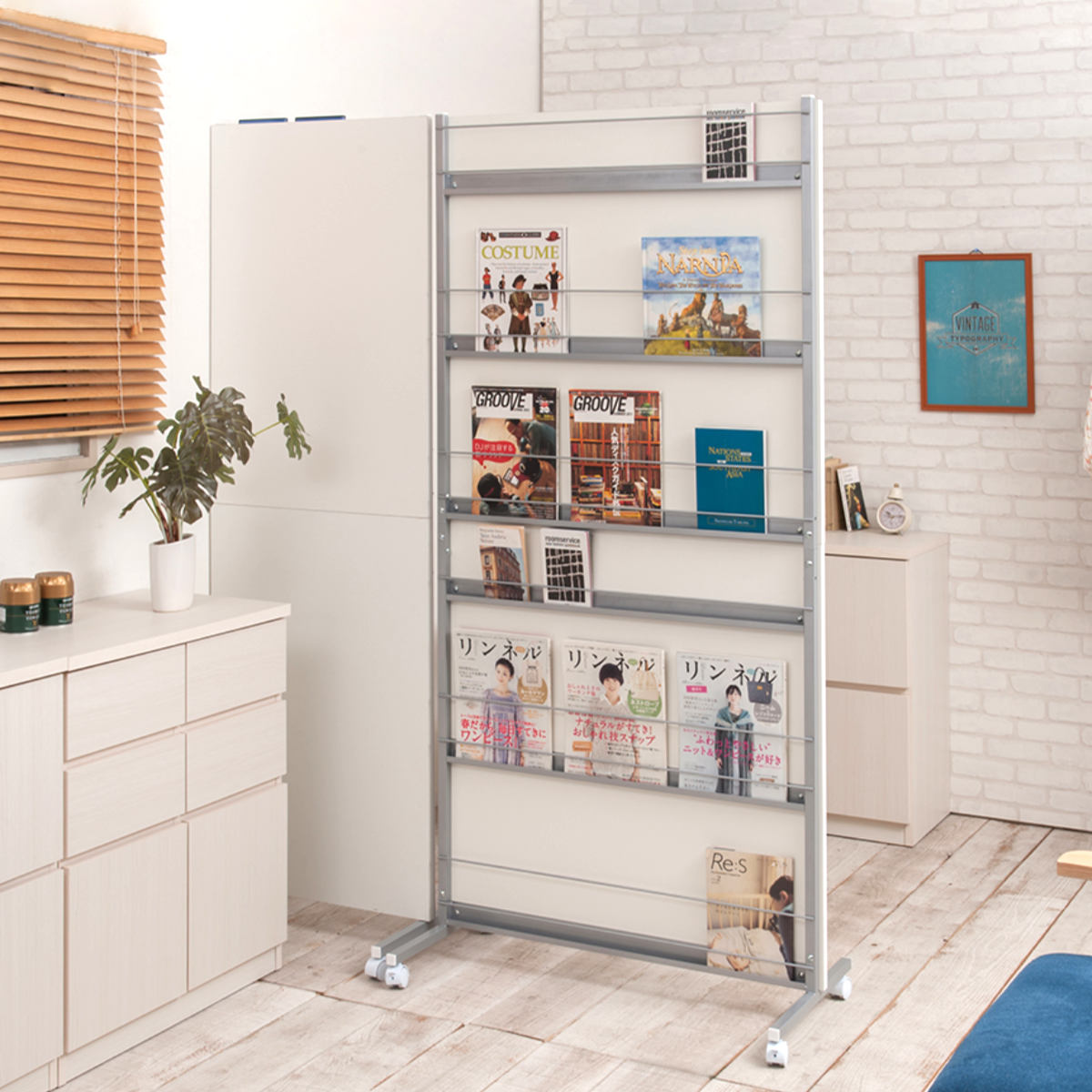 パーテーション 幅90cm 間仕切り マガジンラック キャスター付 （ 衝立