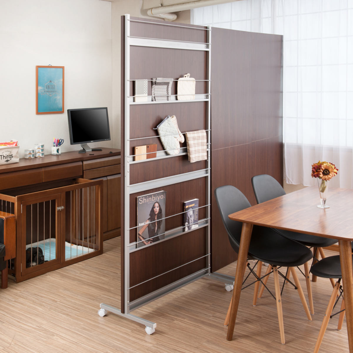 パーテーション 幅90cm 間仕切り マガジンラック キャスター付 （ 衝立