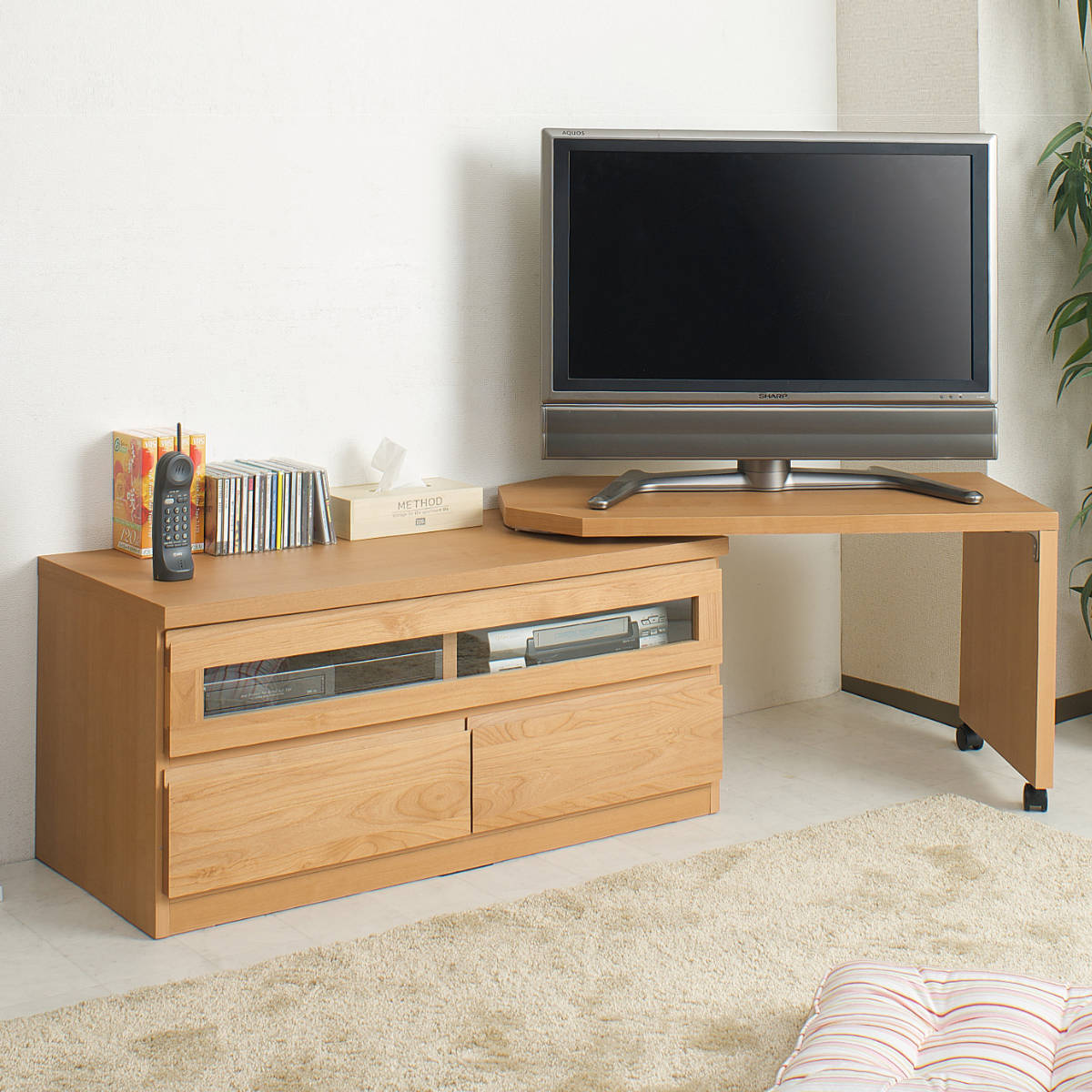 伸縮 テレビ台 回転盤付 アルダー前板 幅107〜166cm ナチュラル （ テレビボード TV台 テレビラック 天然木 日本製 完成品 ）