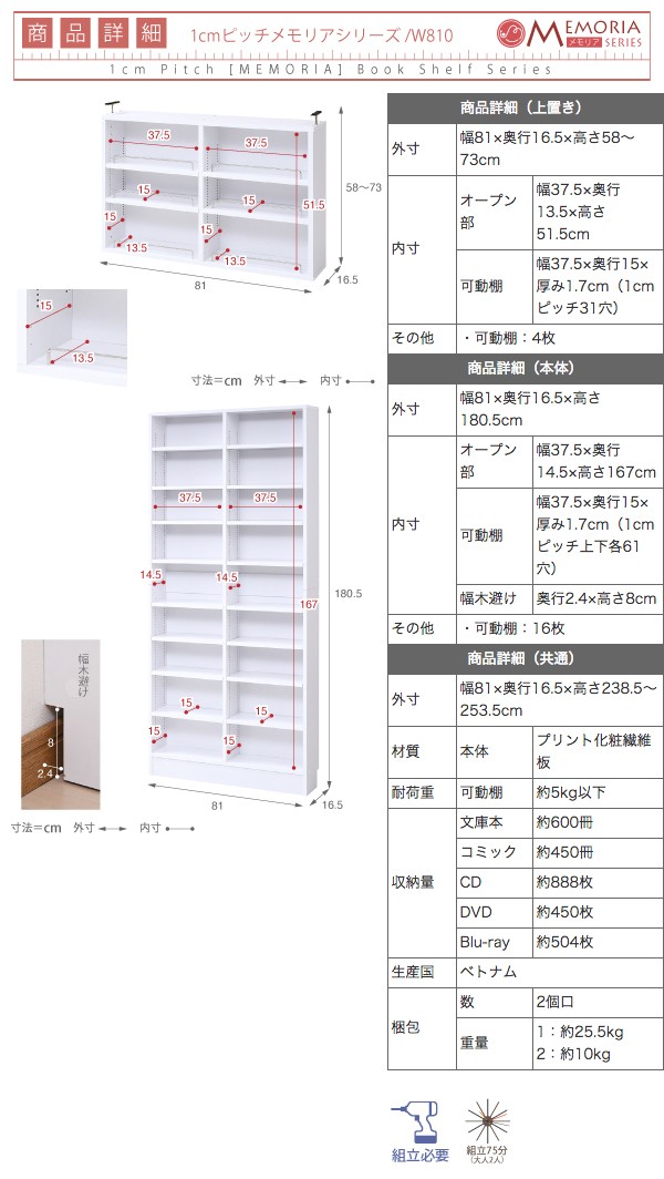 MEMORIA 棚板が1cmピッチで可動する 薄型オープン幅81 上置きセット