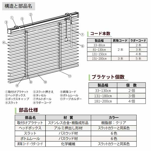 立川機工 ファーステージ ウッドブラインド 25mm幅 ポール操作 ラダーコード仕様 幅33〜60mm 高さ151〜180mm_7