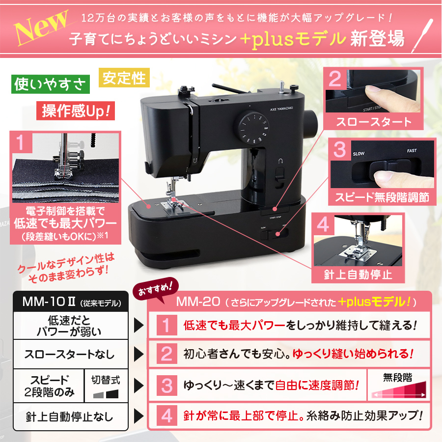 【2024年 最新モデル】ミシン 初心者 子育てにちょうどいいミシン +plus プラス 電動ミシン 電子ミシン MM-10II MM-20  コンパクト 軽量 小型 アックスヤマザキ : mm-10 : ミシンのお店アックスヤマザキ - 通販 - Yahoo!ショッピング