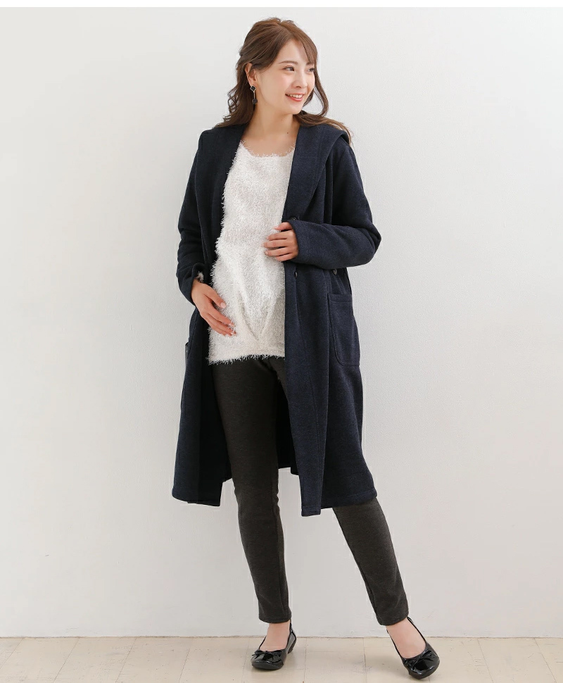 マタニティアウター ママのための フード付 カーディガン あったか 裏起毛 マタニティ M〜L グレー ネイビー コーディガン