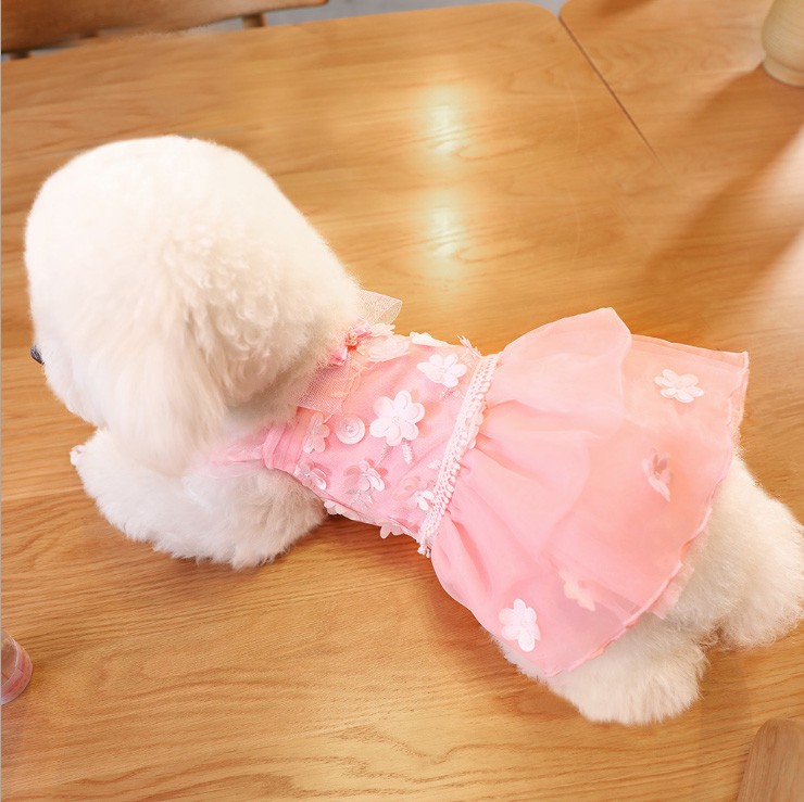 犬服 （ チェックリボン 花柄ドレス ） ワンピース ピンク かわいい フリル フリフリ 小型犬 春 夏 女の子 リボン お花 レース 結婚式  パーティー フォーマルセ