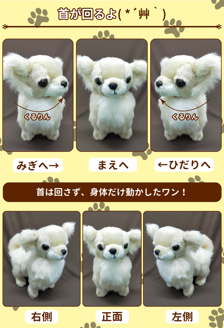 犬 首が回る ぬいぐるみ ロングコートチワワ タチ クリーム サイズ19cm