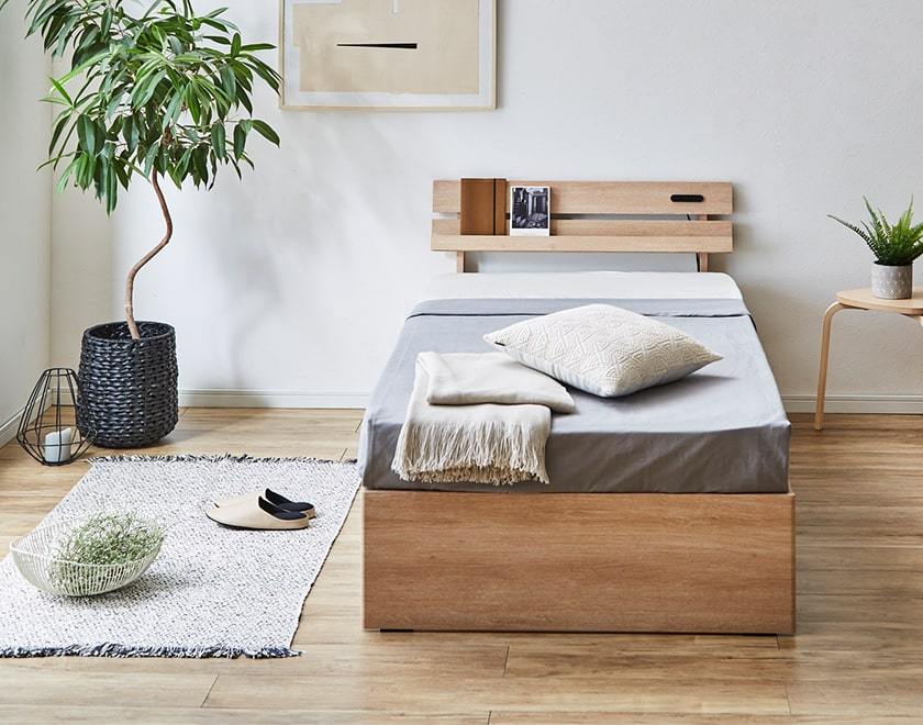 ベッド 棚付きベッド セミシングル マットレスセット 厚さ20cmポケットコイルマットレス付き 木製 コンセント s01