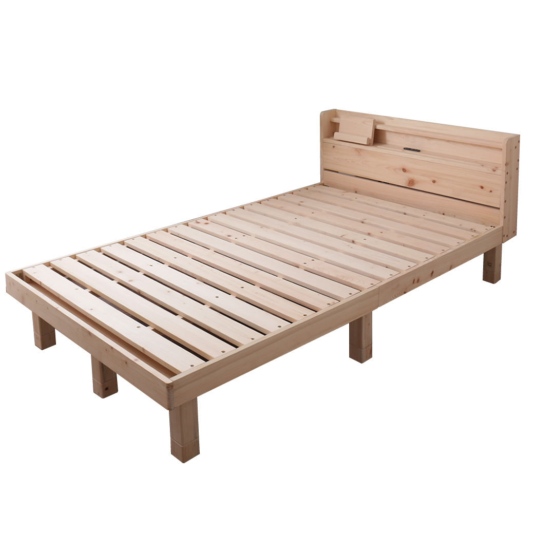 檜すのこベッド セミダブル 棚コンセント付き 木製ベッド フレームのみ 総檜 床面高さ3段階調節 ベット 檜ベッド s01｜ioo-neruco｜02