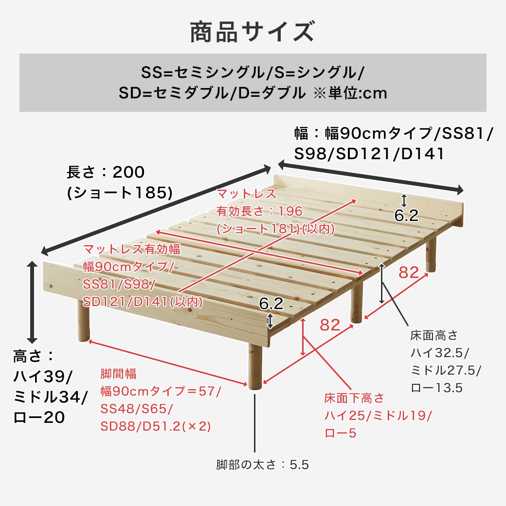 マーヴィンすのこベッドのサイズ詳細