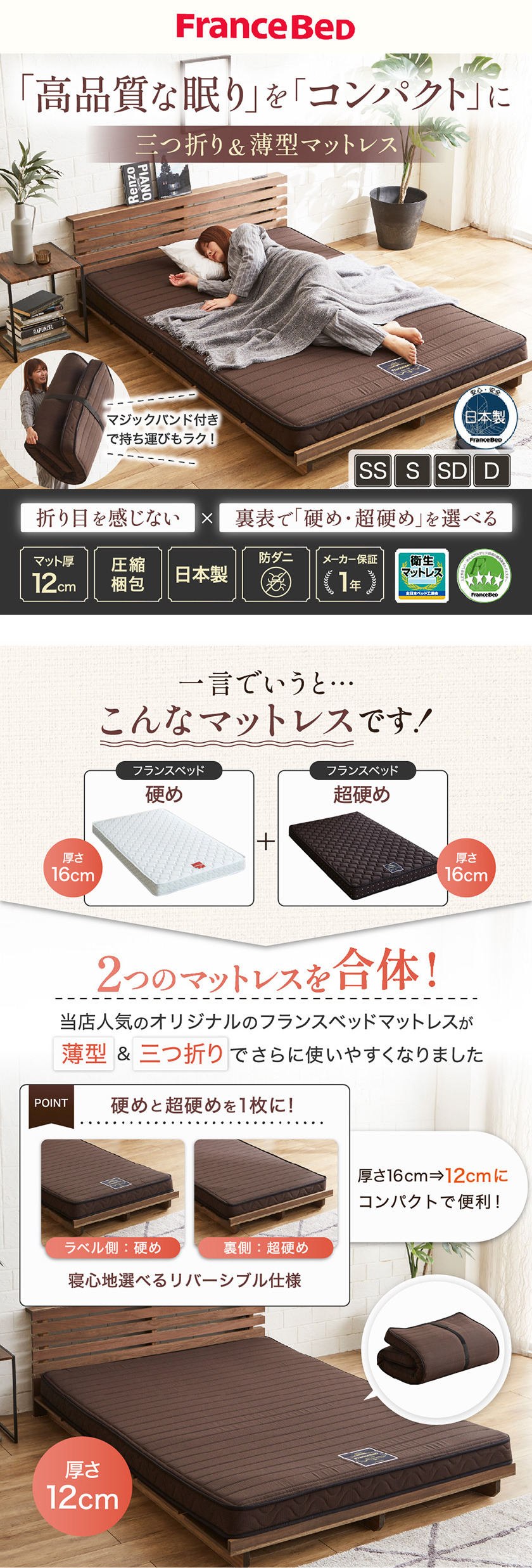 ネルコンシェルジュ フランスベッド 三つ折り薄型マットレス 厚さ12cm