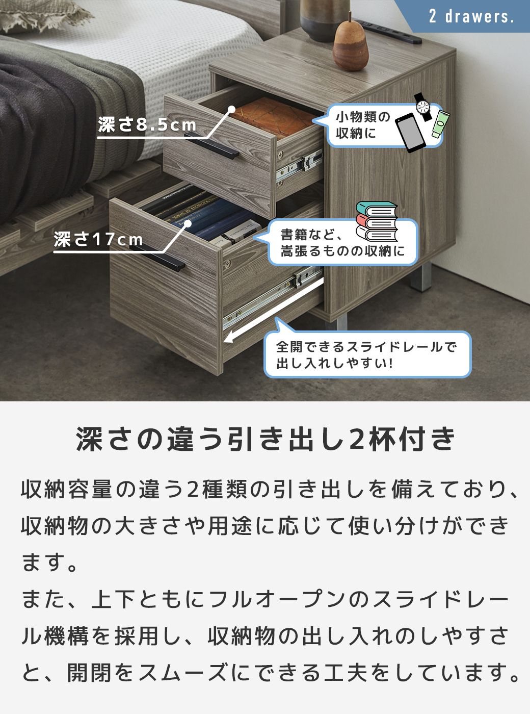サイドテーブル 2段引き出し 小物収納 書籍収納 スライドレール 木目調 NO_ALT