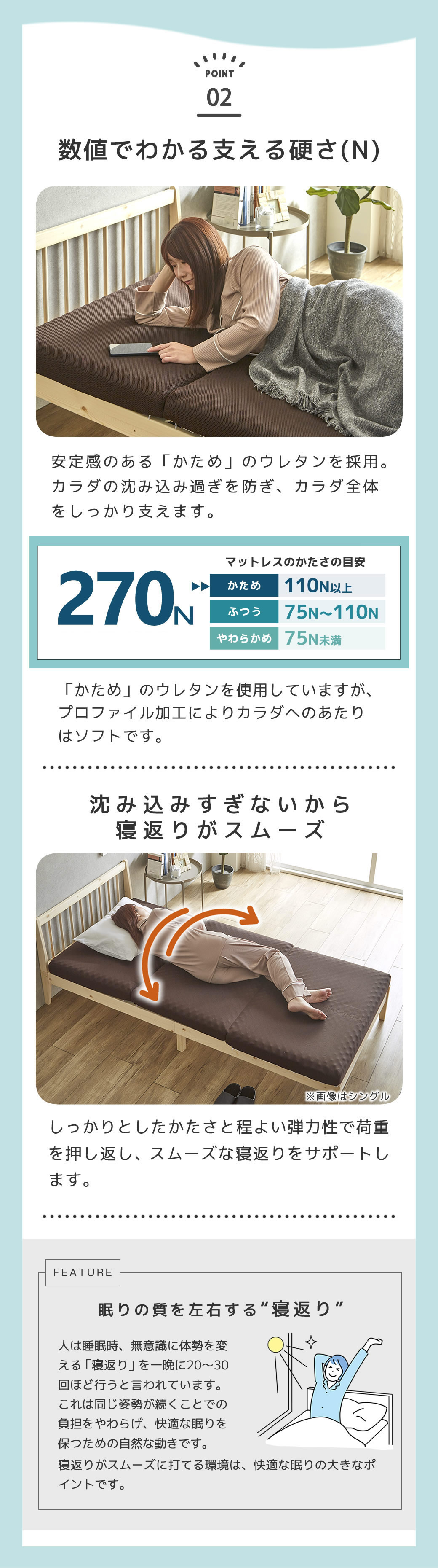 数値で分かる支える「硬さ」270N カラダ沈み込み過ぎを防いで支える